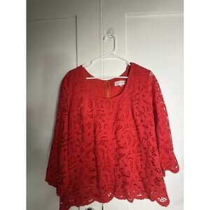 Nanette Lepore Racy Red Lace Bell Sleeve Shirt Size Large